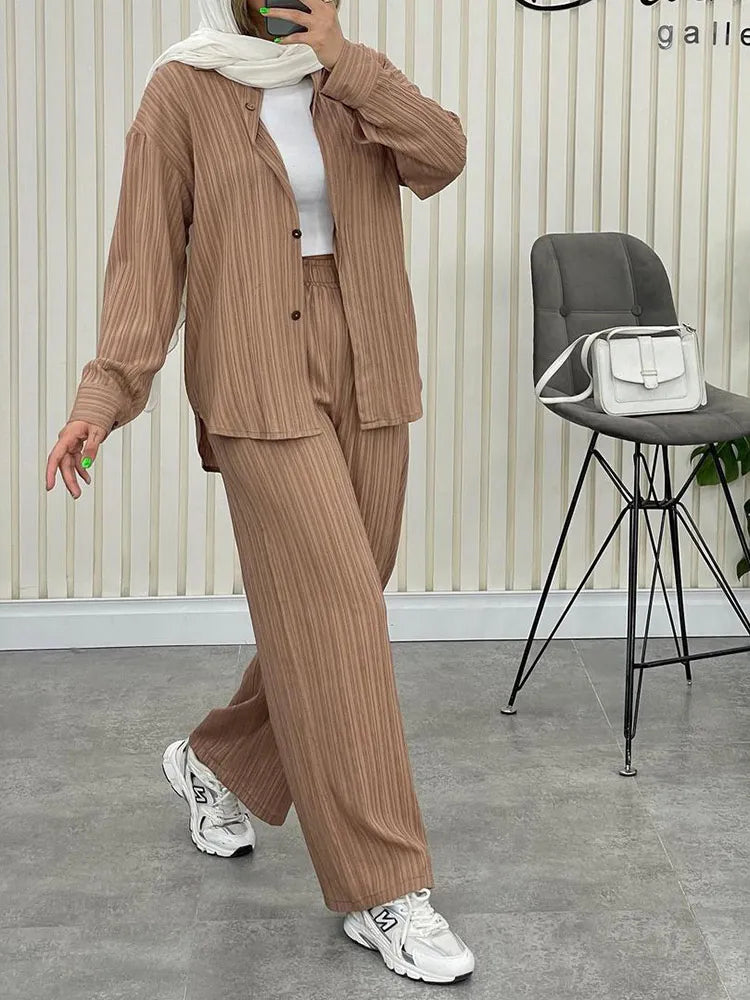 IMIEMIE Loose 2 Pieces Set Women Outfit Shirt And Pants Set Chiffon Straight Full Pants Office Sets For Women Oversized Shirts Suits