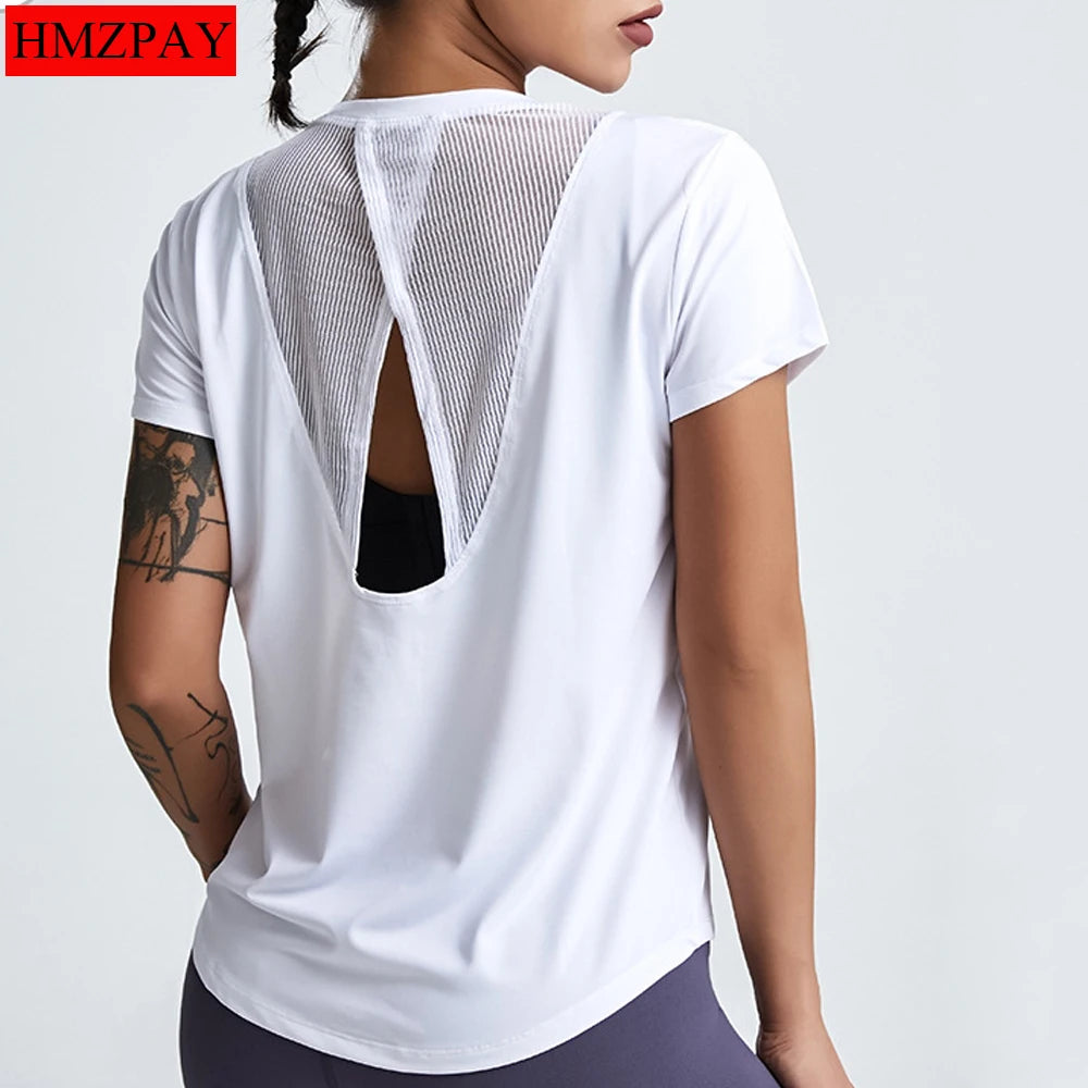 IMIEMIE Loose Yoga Clothes Tops Short-Sleeved Running Quick-Drying Clothes T-Shirts Short Sports Hollow Fitness Clothes Women's Blouses