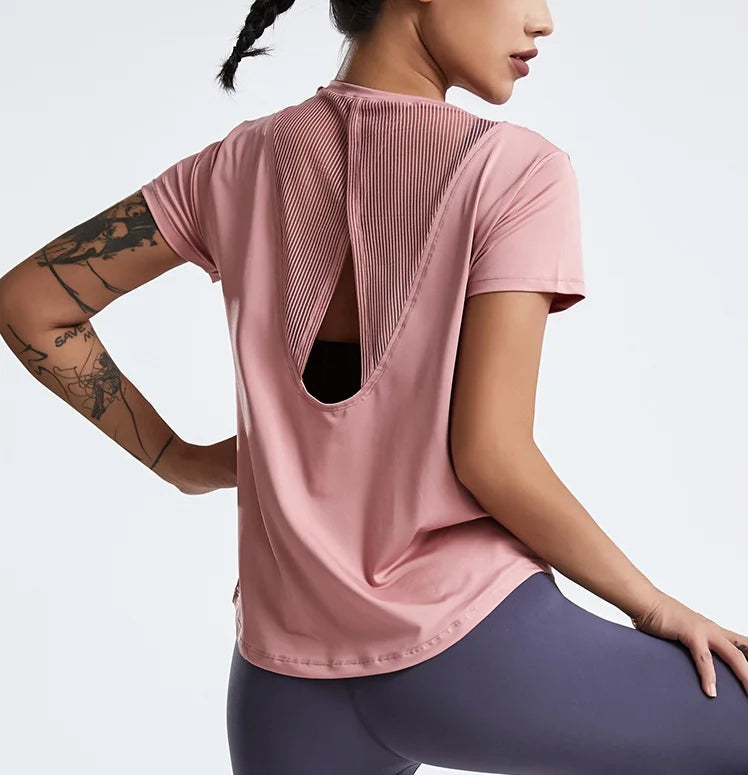 IMIEMIE Loose Yoga Clothes Tops Short-Sleeved Running Quick-Drying Clothes T-Shirts Short Sports Hollow Fitness Clothes Women's Blouses