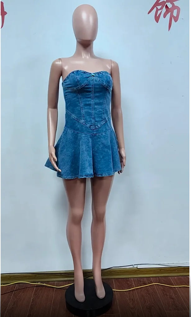 IMIEMIE Lovely Lady Denim Club Dress Sexy Women Strapless Elegant Blue Jeans Skater Party Dress