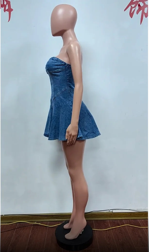 IMIEMIE Lovely Lady Denim Club Dress Sexy Women Strapless Elegant Blue Jeans Skater Party Dress