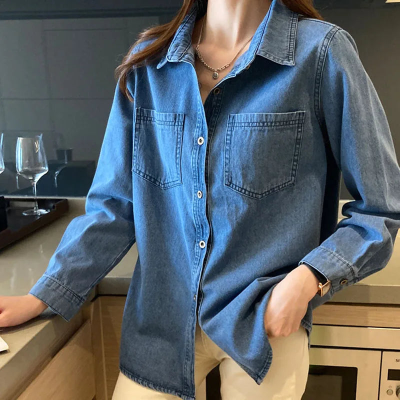 IMIEMIE Lucyever Blue Denim Shirt Women 2024 Autumn New Single-Breasted Jeans Blouses Female Pockets Loose Fashion Lapel Cowboy Blusas