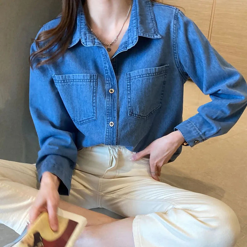 IMIEMIE Lucyever Blue Denim Shirt Women 2024 Autumn New Single-Breasted Jeans Blouses Female Pockets Loose Fashion Lapel Cowboy Blusas