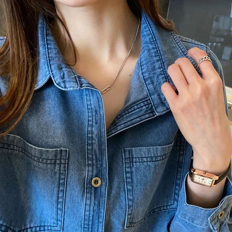 IMIEMIE Lucyever Blue Denim Shirt Women 2024 Autumn New Single-Breasted Jeans Blouses Female Pockets Loose Fashion Lapel Cowboy Blusas