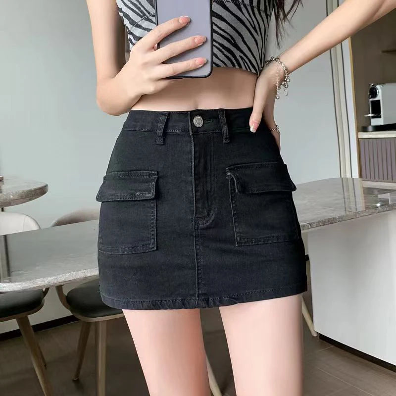 IMIEMIE Lucyever Korean High Wiast Denim Mini Skirt Women Sexy Hot Girl Tight Bag Hip Skirts Female Slim Anti-Glare Short Skirts Female