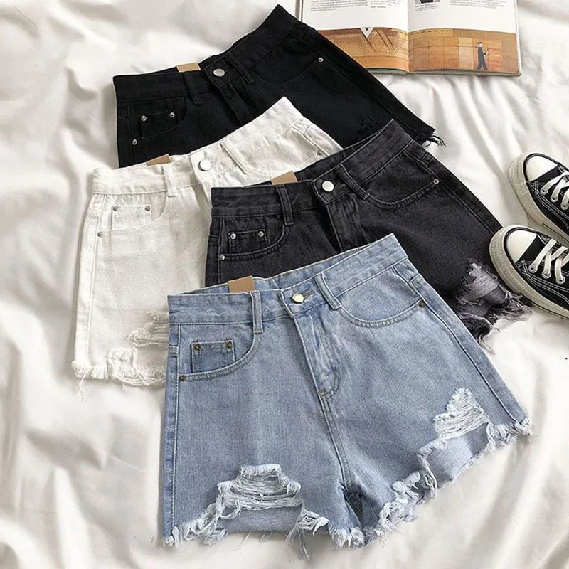 IMIEMIE Lucyever Summer Denim Shorts Women Korean Fashion Ripped Holes High Waist Short Jeans Female Casual Street Wide Leg Short Pants