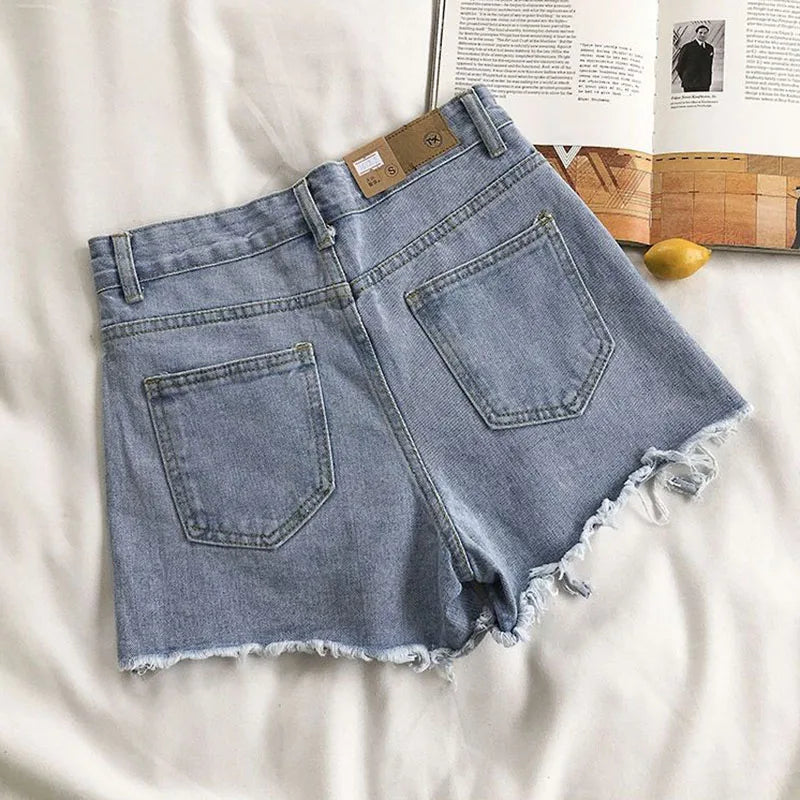 IMIEMIE Lucyever Summer Denim Shorts Women Korean Fashion Ripped Holes High Waist Short Jeans Female Casual Street Wide Leg Short Pants