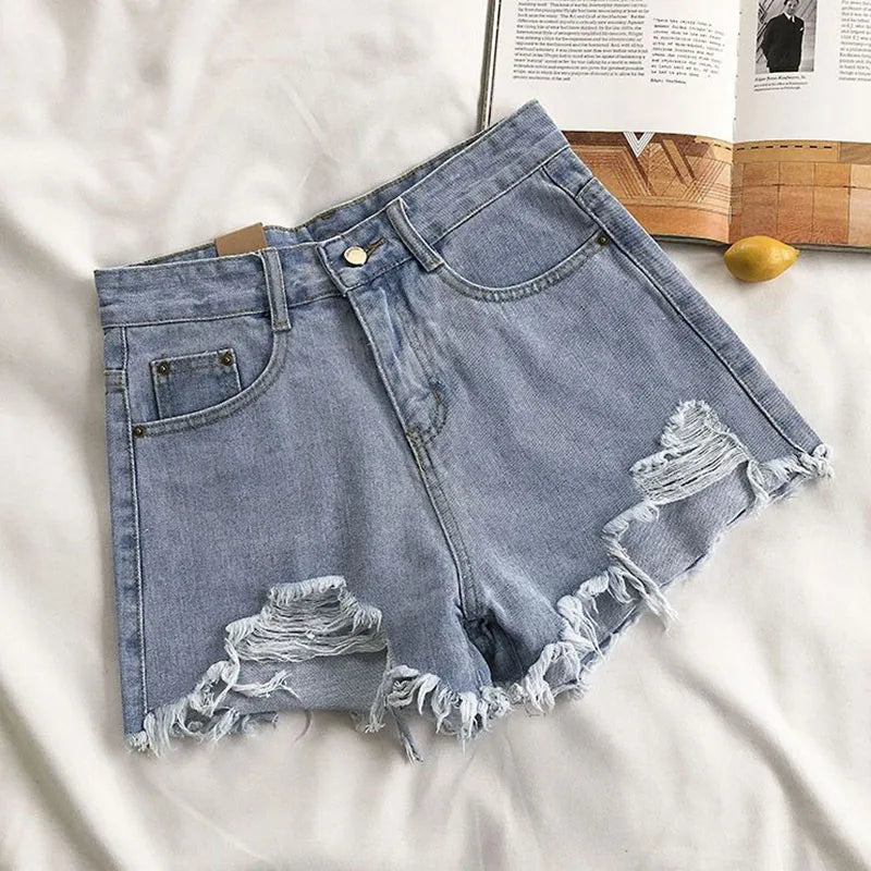 IMIEMIE Lucyever Summer Denim Shorts Women Korean Fashion Ripped Holes High Waist Short Jeans Female Casual Street Wide Leg Short Pants