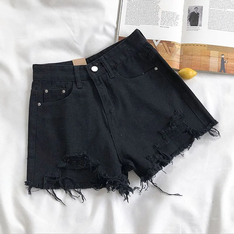 IMIEMIE Lucyever Summer Denim Shorts Women Korean Fashion Ripped Holes High Waist Short Jeans Female Casual Street Wide Leg Short Pants