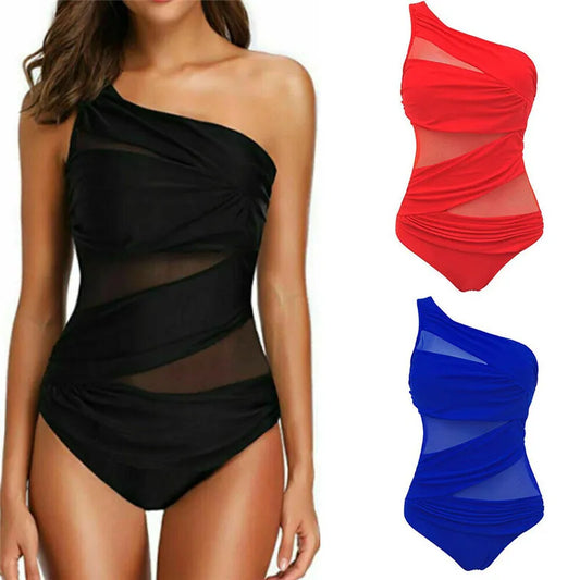 IMIEMIE M-3XL 4XL Plus Size Swimsuits Women One Shoulder Slim Swimwear For Women Mesh Solid Black Red Blue Push Up Padded Bathing Suits