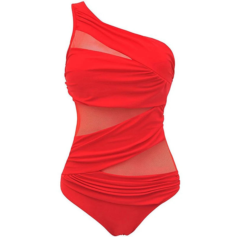 IMIEMIE M-3XL 4XL Plus Size Swimsuits Women One Shoulder Slim Swimwear For Women Mesh Solid Black Red Blue Push Up Padded Bathing Suits