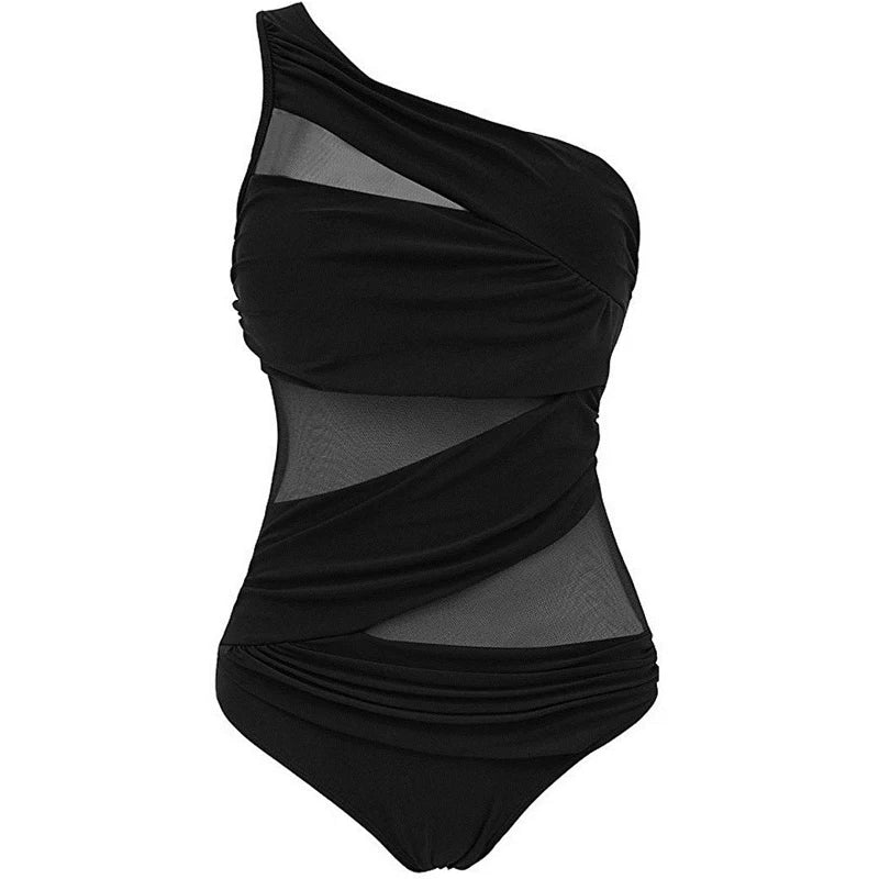 IMIEMIE M-3XL 4XL Plus Size Swimsuits Women One Shoulder Slim Swimwear For Women Mesh Solid Black Red Blue Push Up Padded Bathing Suits