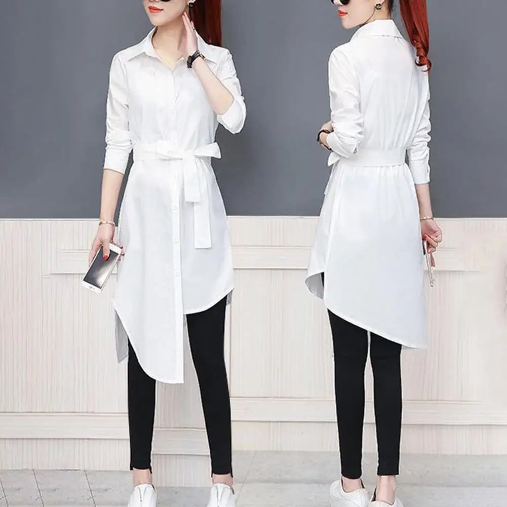 IMIEMIE M-4XL Women Shirt Dress Long Sleeve Commute Mild-length Polyester Irregular Tied Belts Spring Office Lady Shirt Female Clothing