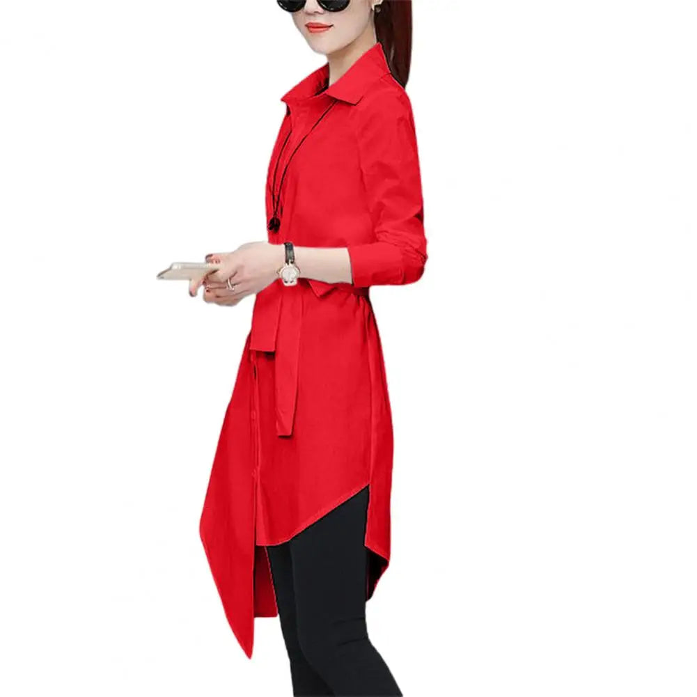 IMIEMIE M-4XL Women Shirt Dress Long Sleeve Commute Mild-length Polyester Irregular Tied Belts Spring Office Lady Shirt Female Clothing