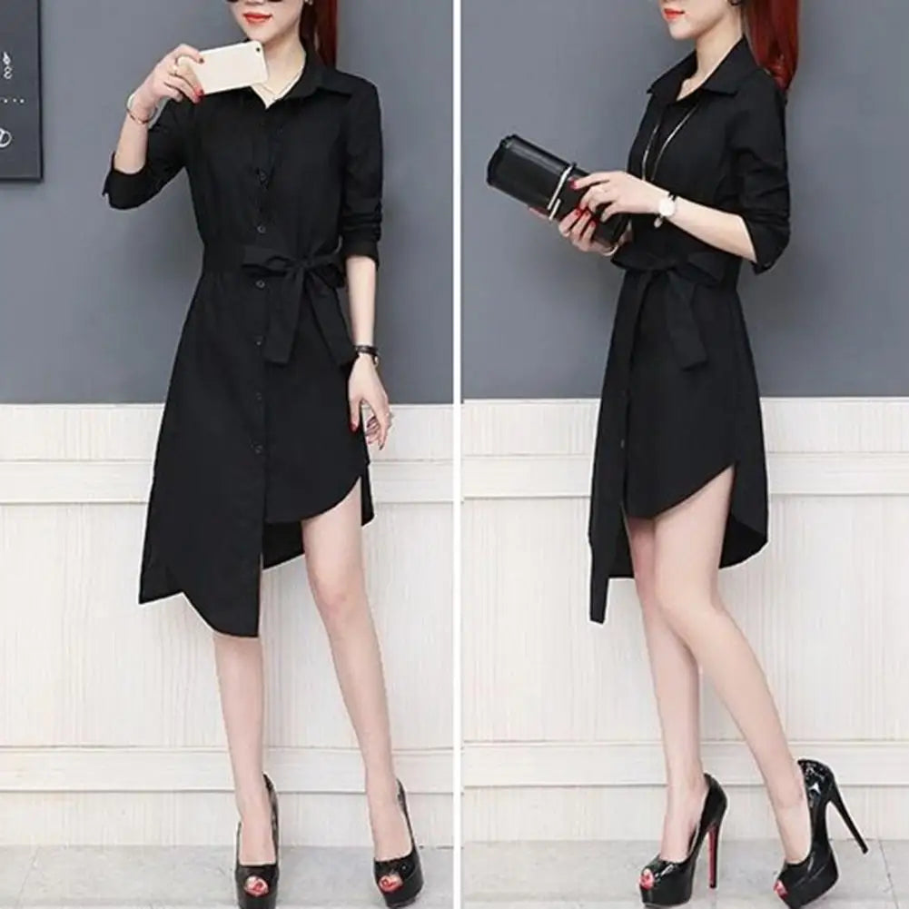 IMIEMIE M-4XL Women Shirt Dress Long Sleeve Commute Mild-length Polyester Irregular Tied Belts Spring Office Lady Shirt Female Clothing