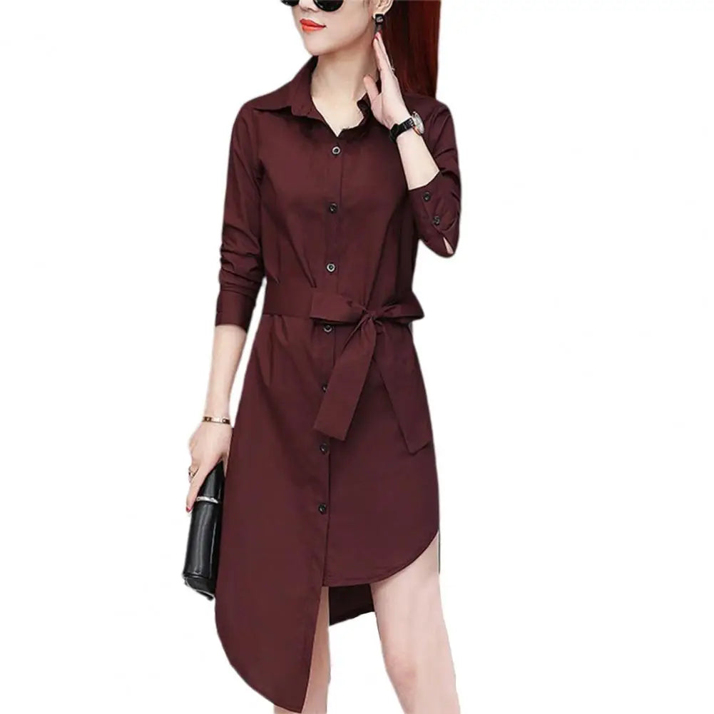 IMIEMIE M-4XL Women Shirt Dress Long Sleeve Commute Mild-length Polyester Irregular Tied Belts Spring Office Lady Shirt Female Clothing