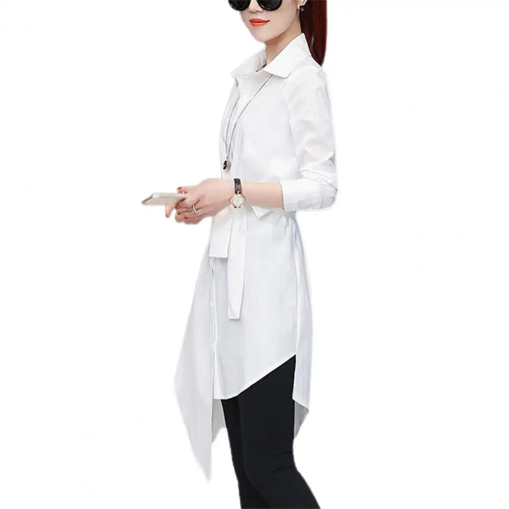 IMIEMIE M-4XL Women Shirt Dress Long Sleeve Commute Mild-length Polyester Irregular Tied Belts Spring Office Lady Shirt Female Clothing