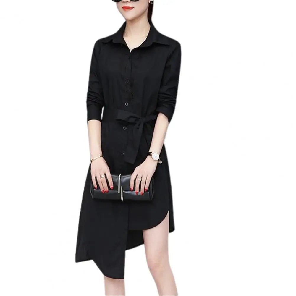 IMIEMIE M-4XL Women Shirt Dress Long Sleeve Commute Mild-length Polyester Irregular Tied Belts Spring Office Lady Shirt Female Clothing