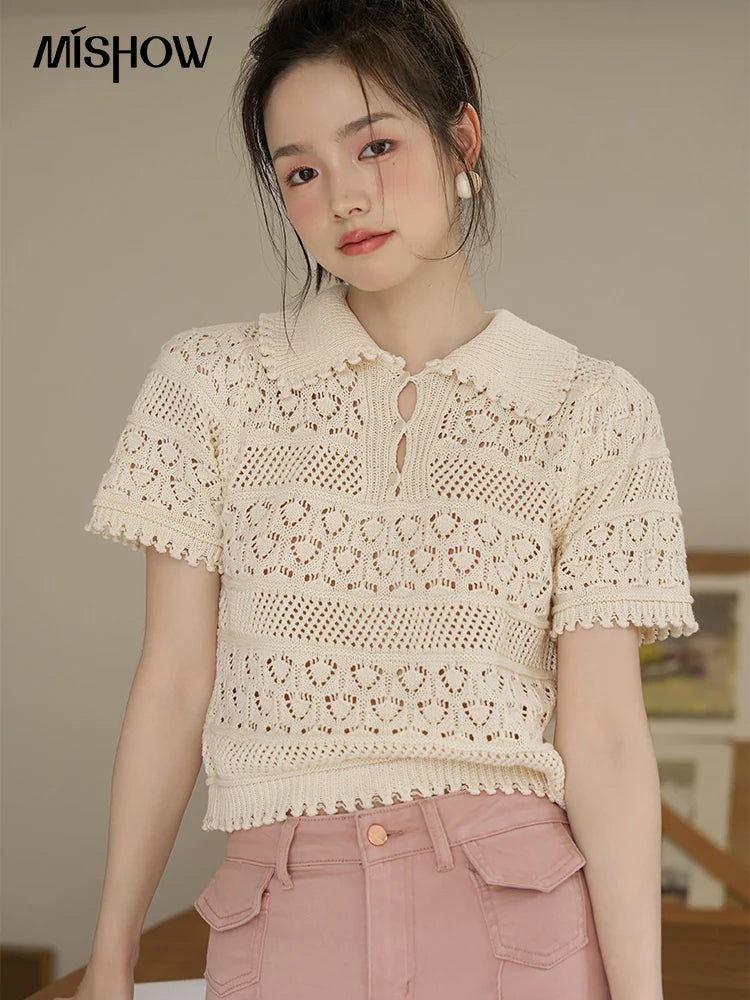 IMIEMIE MISHOW Hollow Out Polo Neck Top for Women Summer 2024 French Sweet Knitted Solid Loose Female Retro Tees Office Lady MXC33Z0069