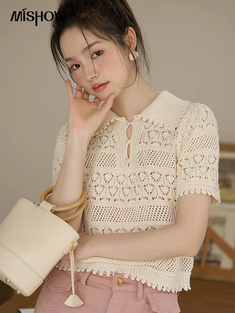 IMIEMIE MISHOW Hollow Out Polo Neck Top for Women Summer 2024 French Sweet Knitted Solid Loose Female Retro Tees Office Lady MXC33Z0069