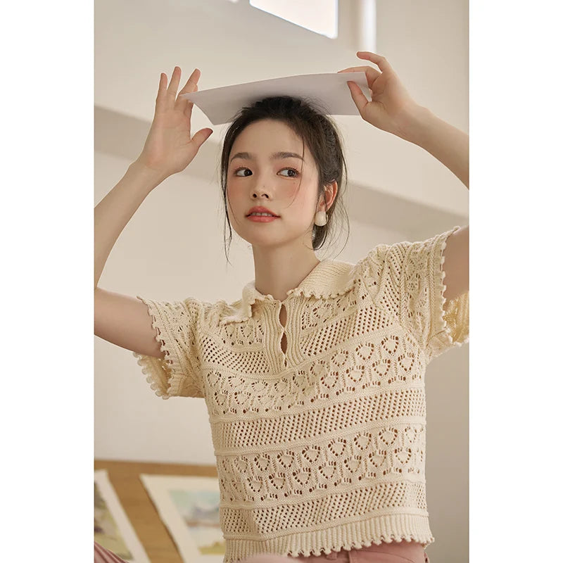 IMIEMIE MISHOW Hollow Out Polo Neck Top for Women Summer 2024 French Sweet Knitted Solid Loose Female Retro Tees Office Lady MXC33Z0069