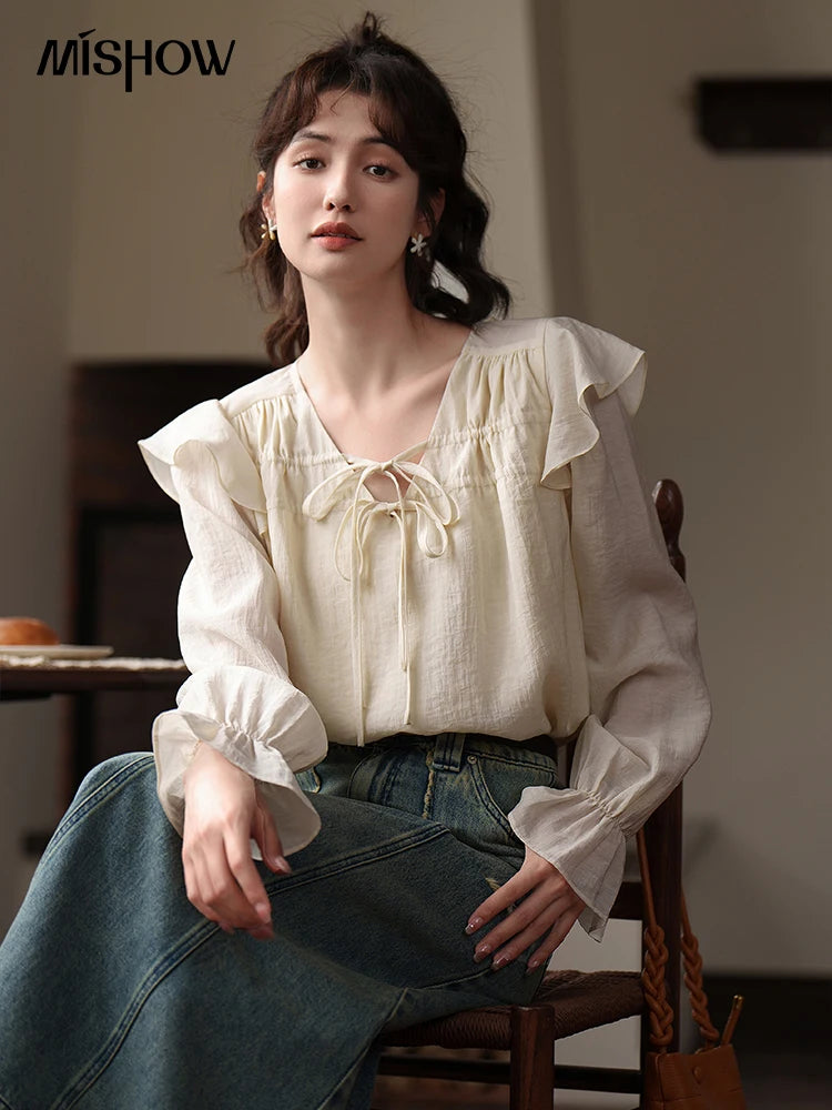 IMIEMIE MISHOW Women's French Tops 2024 Autumn Spring Solid Commuter Petal Sleeve Square Collar Neckline Strap Female Blouses MXC15X0017