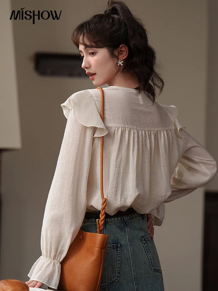 IMIEMIE MISHOW Women's French Tops 2024 Autumn Spring Solid Commuter Petal Sleeve Square Collar Neckline Strap Female Blouses MXC15X0017