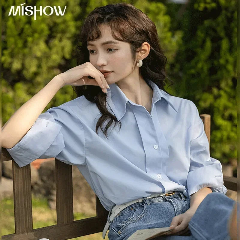 IMIEMIE MISHOW Women's Loose Shirt Spring Solid Polo-Neck Single Breasted Blouse Office Lady Long Sleeve Tops Clothing Female MXC13C0006