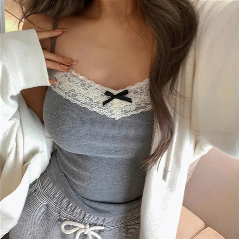 IMIEMIE MUYOGRT Lace Tank Tops Y2k Aesthetic Patchwork Sleeveless Cami Shirts Women Fairy Grunge Camisole 2000s Crop Streetwear Clothes