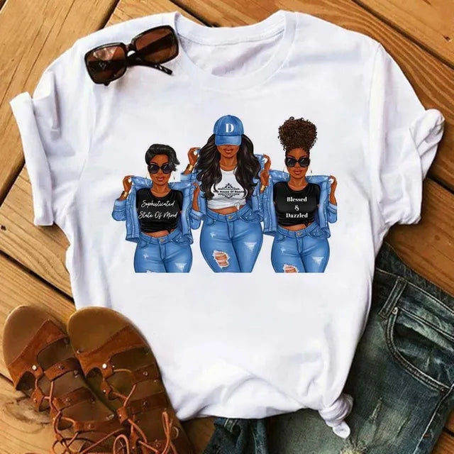 IMIEMIE Maycaur Fashion Women Black Girl Print Magic T Shirt Summer Short Sleeve Ladies T-shirts 90s Ulzzang Shirt Casual Round Neck Tee