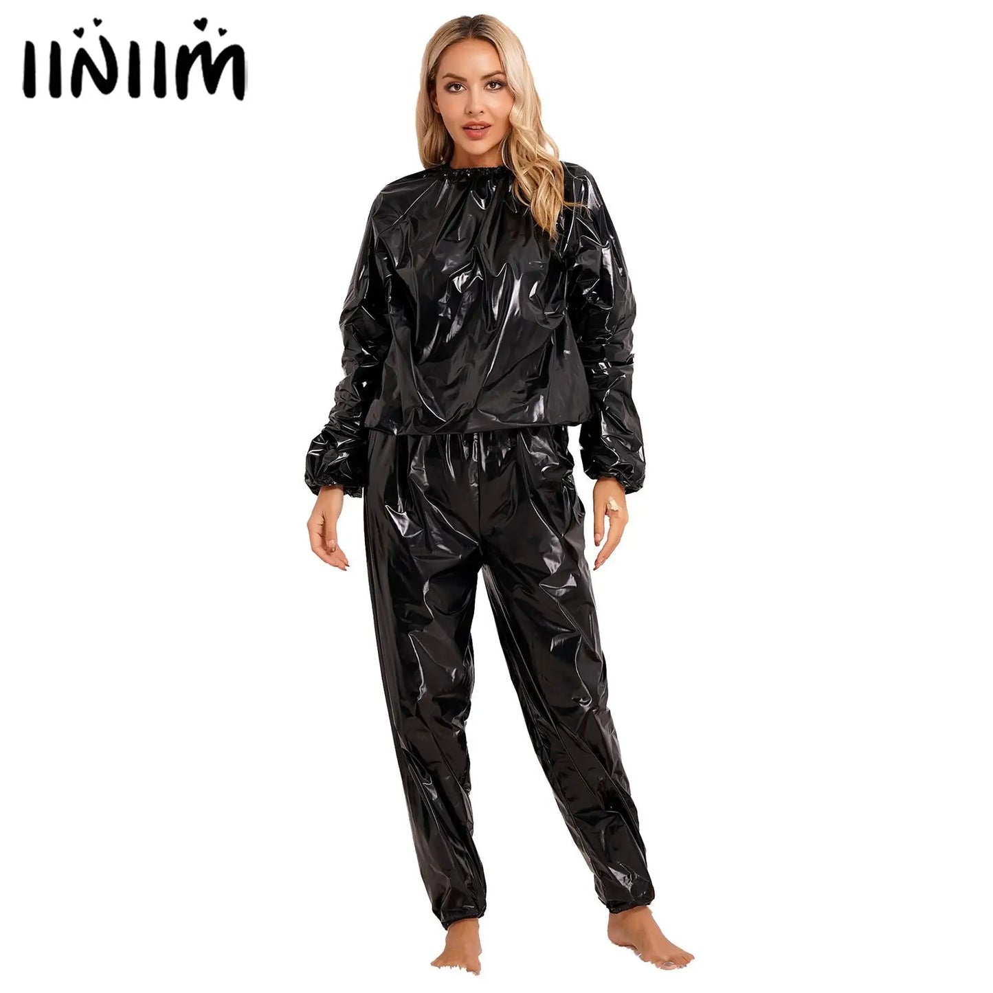 IMIEMIE Men Women PVC Sauna Suit Long Sleeve Elastic Cuff Top Pants Set Weight Loss Sweat Suit Slimming Fitness Gym Jogging Workout Suit