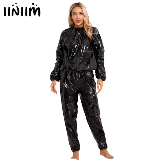 IMIEMIE Men Women PVC Sauna Suit Long Sleeve Elastic Cuff Top Pants Set Weight Loss Sweat Suit Slimming Fitness Gym Jogging Workout Suit