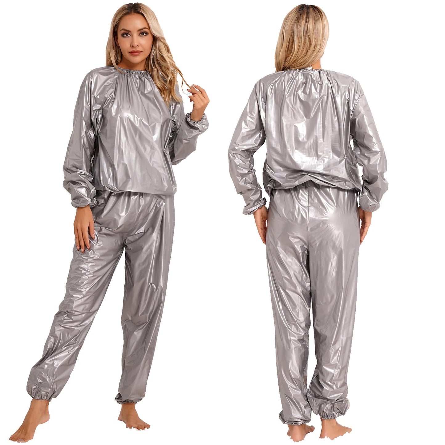 IMIEMIE Men Women PVC Sauna Suit Long Sleeve Elastic Cuff Top Pants Set Weight Loss Sweat Suit Slimming Fitness Gym Jogging Workout Suit