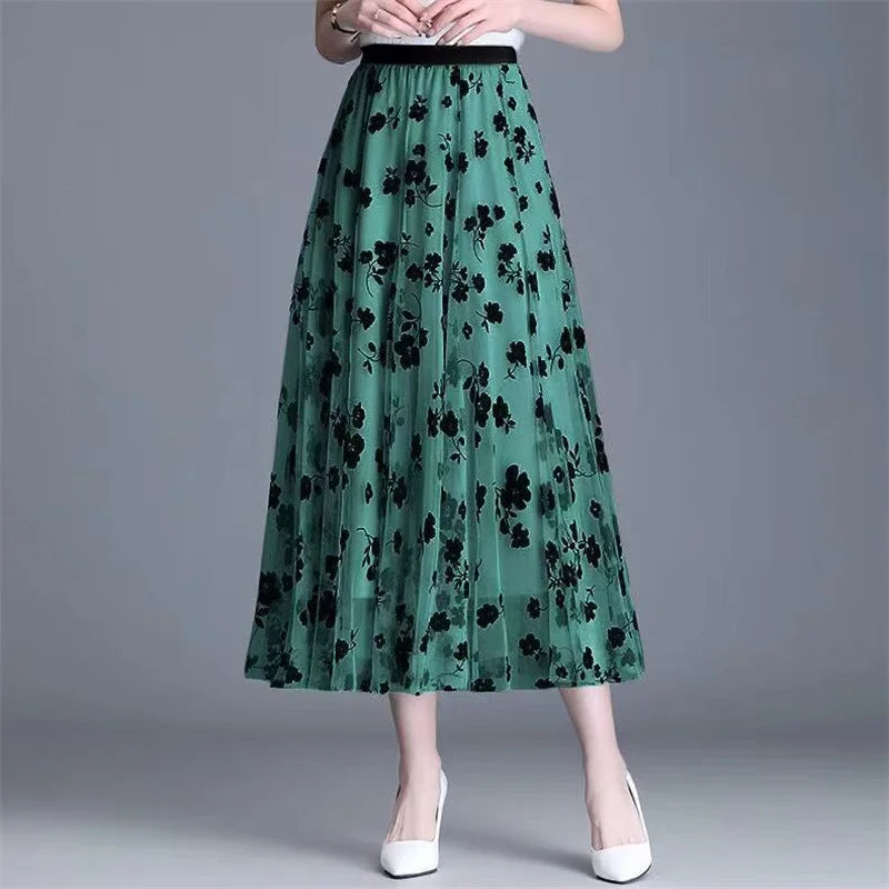 IMIEMIE Mesh Floral Skirt For Women 2024 Autumn Winter Lace Flocking Fashion Big Swing Elastic High Waisted Elegant Mujer Party A-Line