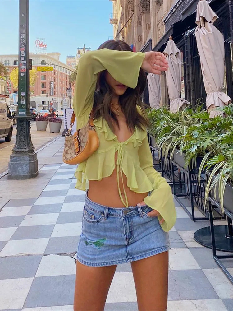 IMIEMIE Mesh Sheer Tie Up Crop Tops Women Long Flare Sleeve V Neck Ruffle Tops and Blouse Summer See Through Sexy Casual Shirts Female