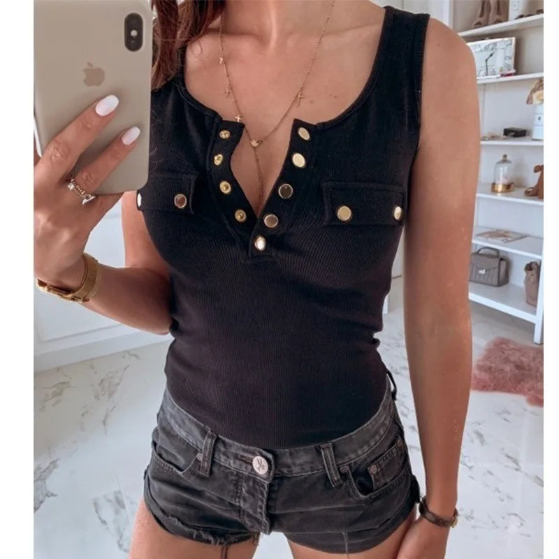 IMIEMIE Metal Button Slim Tank Top Women Sexy Round Neck Sleeveless T-Shirt Summer Every Day Solid Top