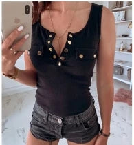 IMIEMIE Metal Button Slim Tank Top Women Sexy Round Neck Sleeveless T-Shirt Summer Every Day Solid Top