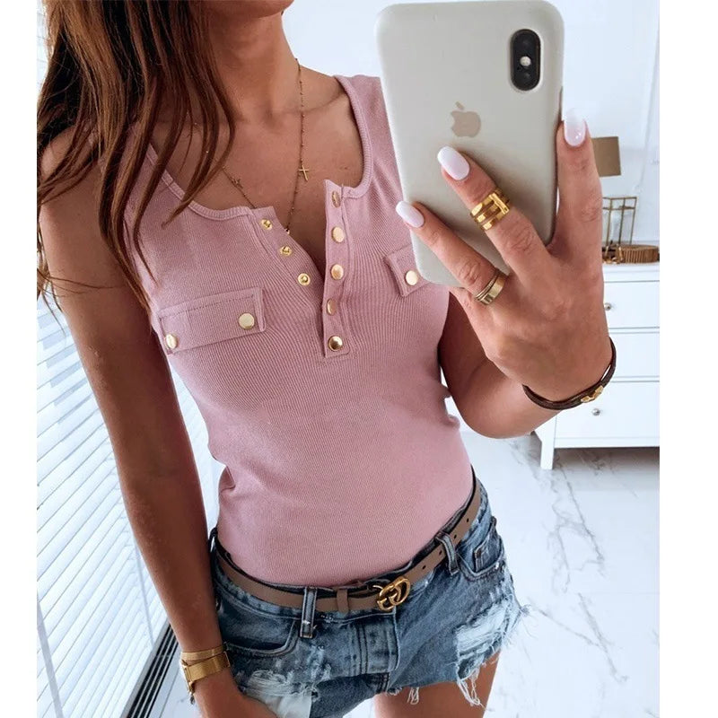 IMIEMIE Metal Button Slim Tank Top Women Sexy Round Neck Sleeveless T-Shirt Summer Every Day Solid Top