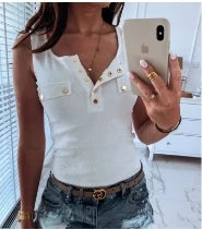 IMIEMIE Metal Button Slim Tank Top Women Sexy Round Neck Sleeveless T-Shirt Summer Every Day Solid Top