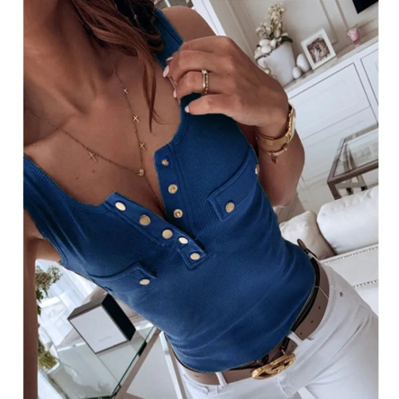 IMIEMIE Metal Button Slim Tank Top Women Sexy Round Neck Sleeveless T-Shirt Summer Every Day Solid Top