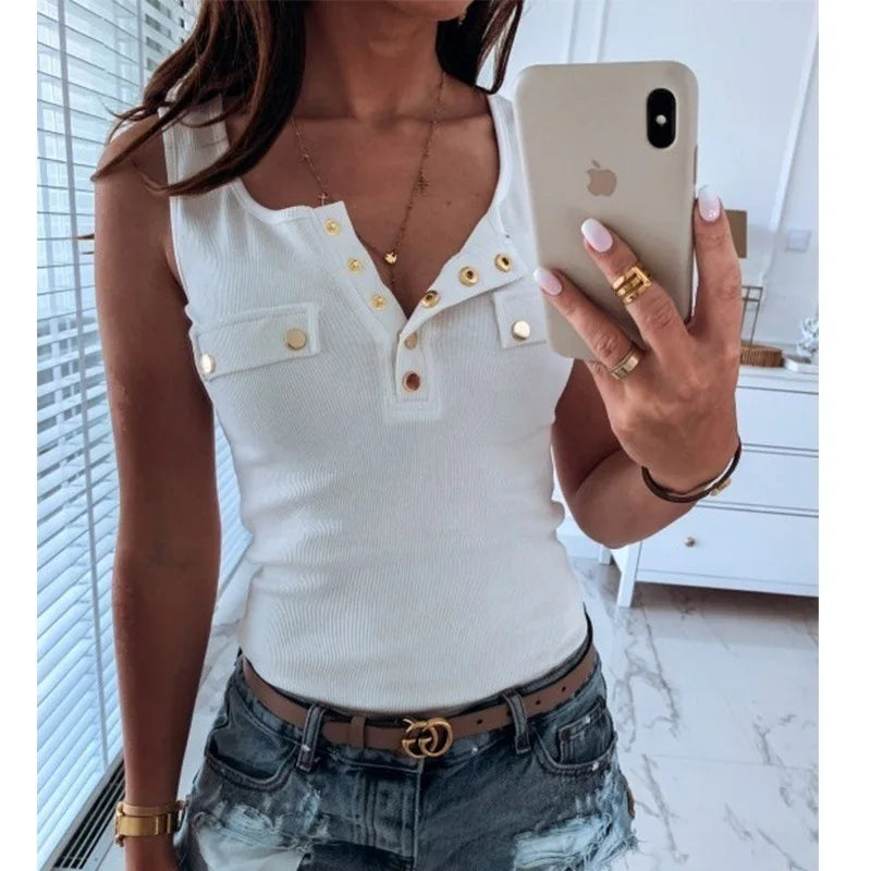 IMIEMIE Metal Button Slim Tank Top Women Sexy Round Neck Sleeveless T-Shirt Summer Every Day Solid Top