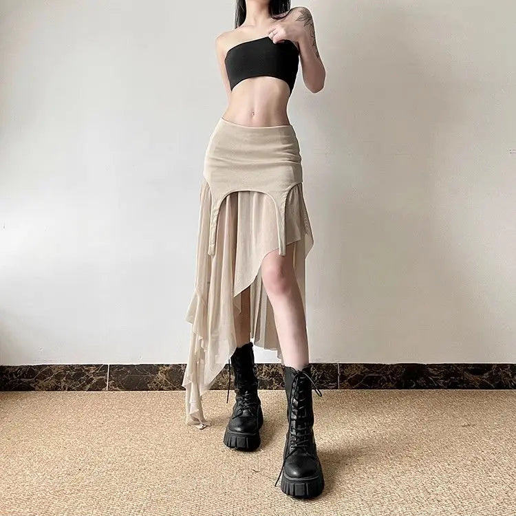 IMIEMIE Millennial Spicy Girl Style Light and Thin Split Mesh Irregular Skirt for Women High Waist Slim Versatile Mid Length y2k Skirt