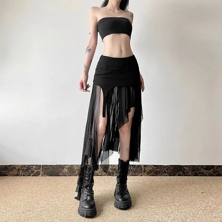 IMIEMIE Millennial Spicy Girl Style Light and Thin Split Mesh Irregular Skirt for Women High Waist Slim Versatile Mid Length y2k Skirt