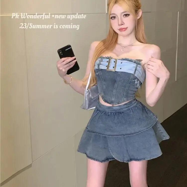 IMIEMIE Millennial hottie style denim suit, tube top, skirt, two-piece suit for women Deini Jeans 2 pcs Skirt Sets Slash Neck Tops