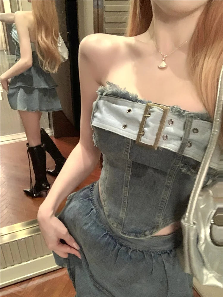 IMIEMIE Millennial hottie style denim suit, tube top, skirt, two-piece suit for women Deini Jeans 2 pcs Skirt Sets Slash Neck Tops