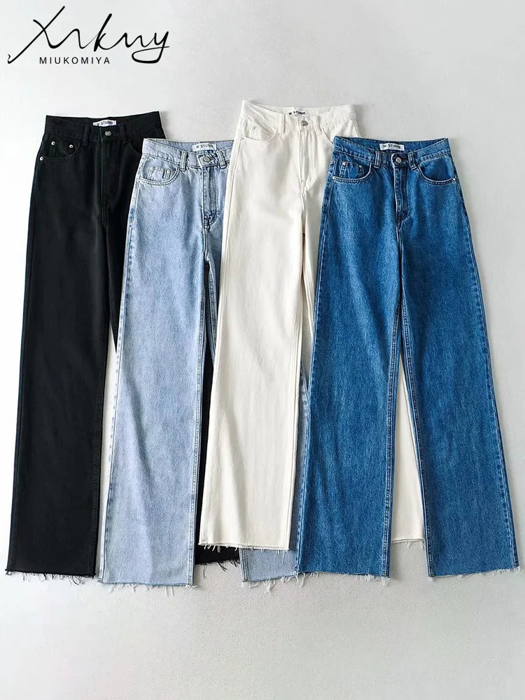 IMIEMIE MiuKoMiYa Straight Jeans Women High Waist Streetwear Light Blue Boyfriend Denim Pants Ladies Wide Leg White Jeans For Women 2024