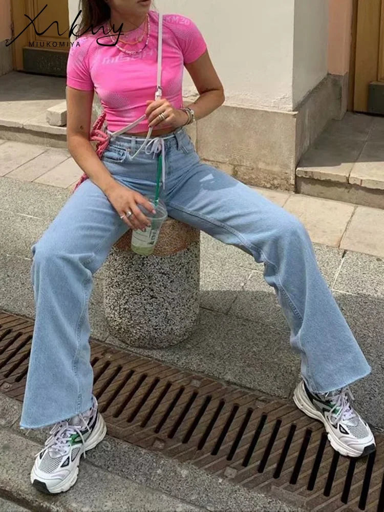 IMIEMIE MiuKoMiYa Straight Jeans Women High Waist Streetwear Light Blue Boyfriend Denim Pants Ladies Wide Leg White Jeans For Women 2024