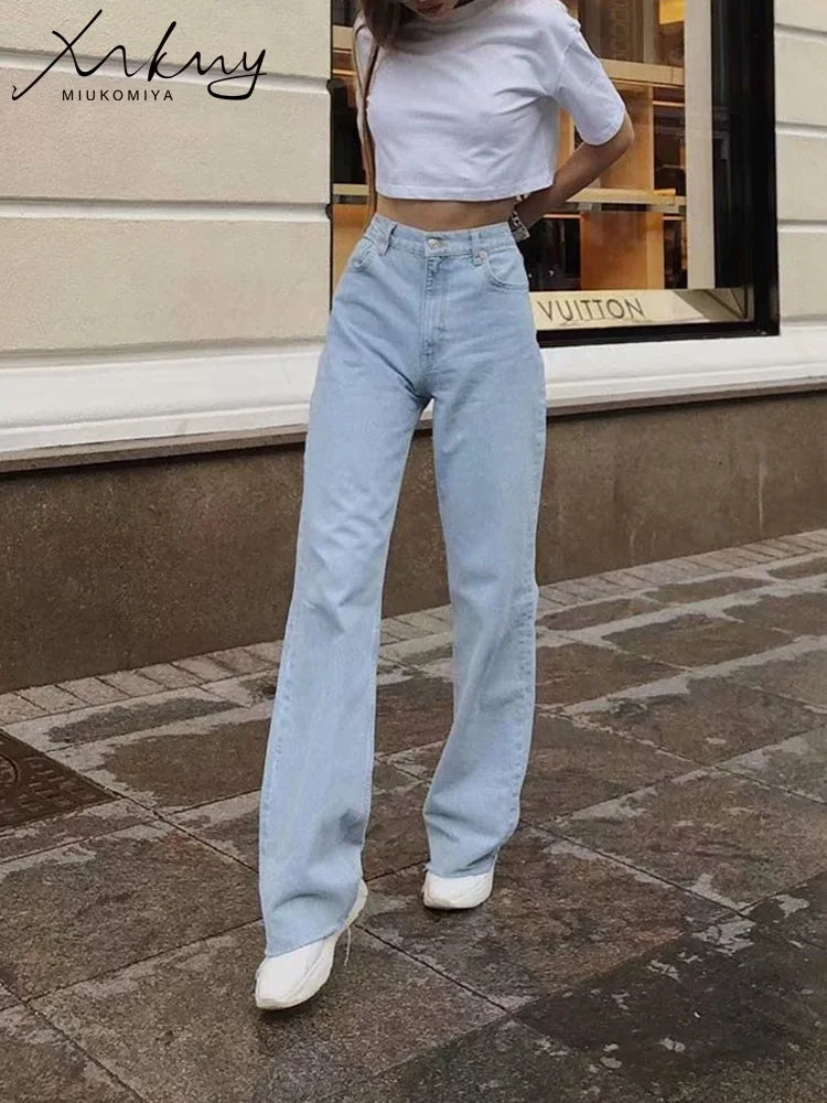 IMIEMIE MiuKoMiYa Straight Jeans Women High Waist Streetwear Light Blue Boyfriend Denim Pants Ladies Wide Leg White Jeans For Women 2024