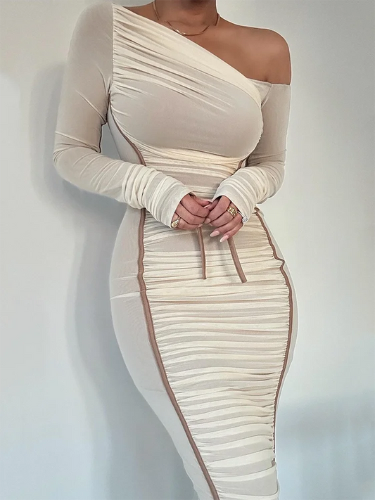 IMIEMIE Mozision Diagonal Collar Long Sleeve Midi Dress For Women Two Layer Mesh Backless Ruched Bodycon Club Party Sexy Long Dress