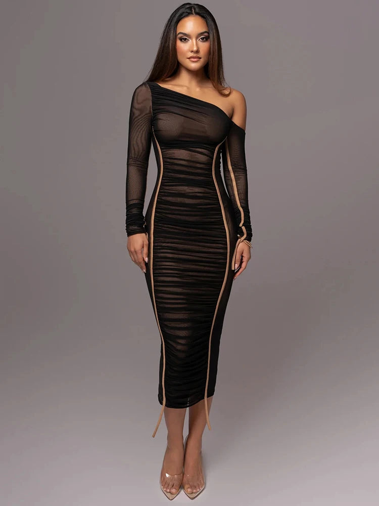 IMIEMIE Mozision Diagonal Collar Long Sleeve Midi Dress For Women Two Layer Mesh Backless Ruched Bodycon Club Party Sexy Long Dress